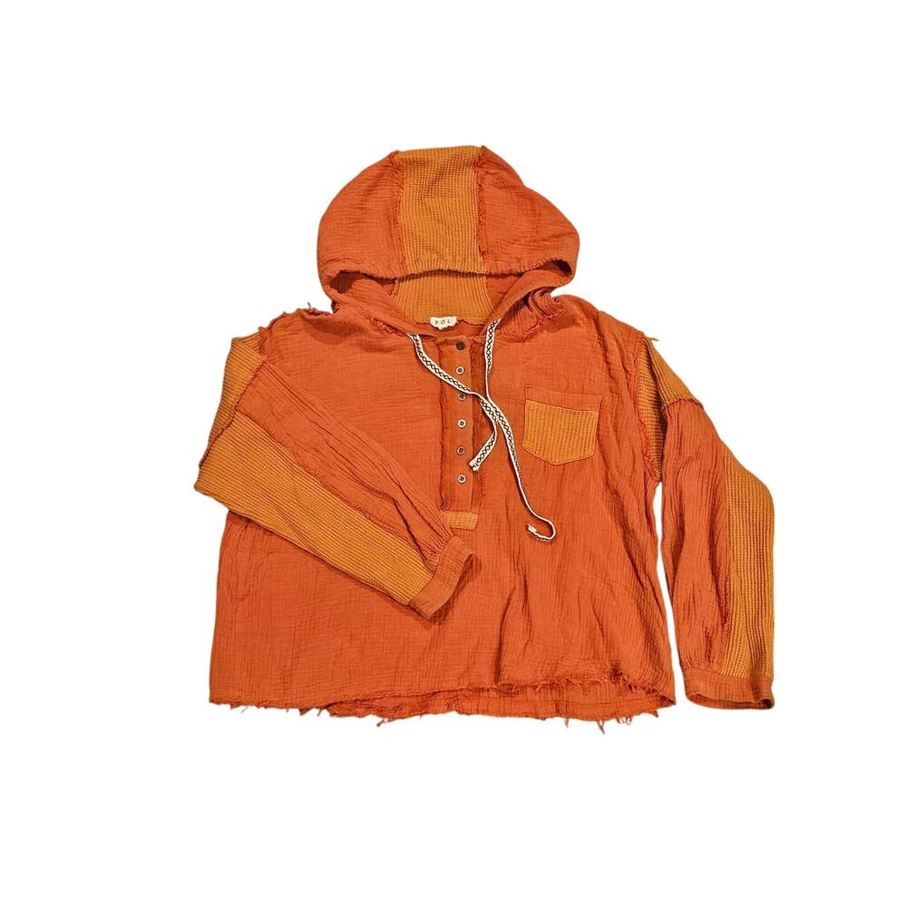 Pol Womens medium cropped gauzy waffle knit Oversized boho hoodie orange mixed
